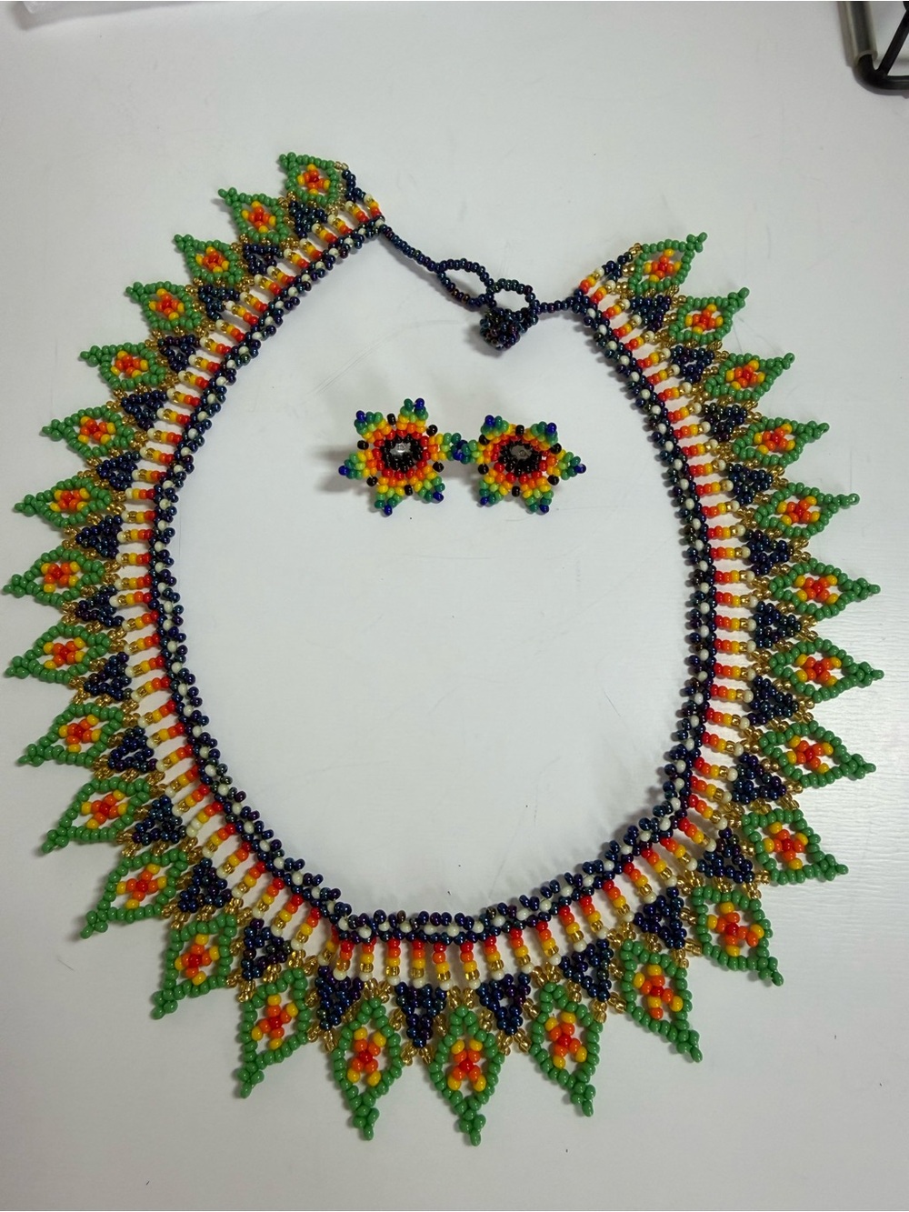 Handmade Green Multi-Color Beaded Necklace & Earring Set